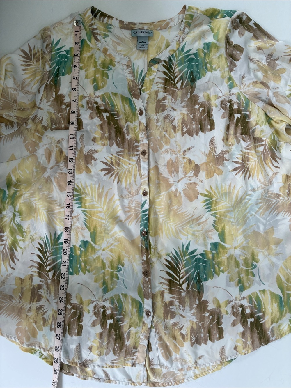 Catherines Cream Button-Front Tunic with Green and Brown Leaf Print 1X - Picture 15 of 15